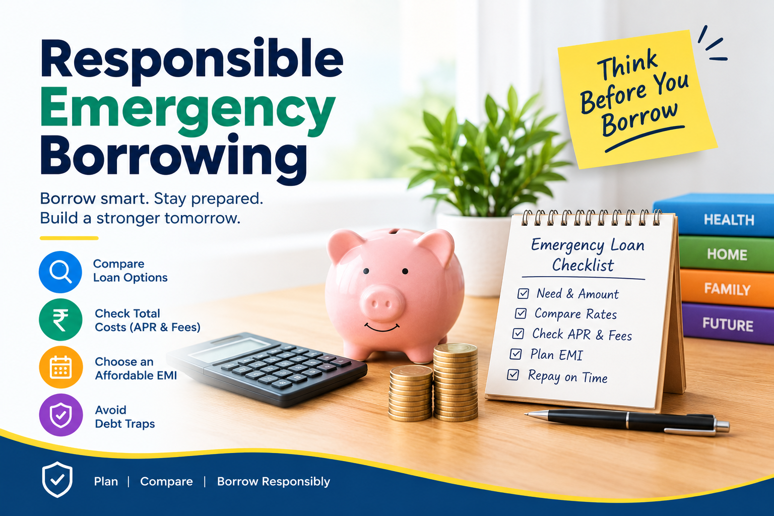 Responsible emergency borrowing showing a piggy bank, calculator, coins, emergency loan checklist, and financial planning tips for comparing loan options, checking APR and fees, choosing an affordable EMI, and avoiding debt traps